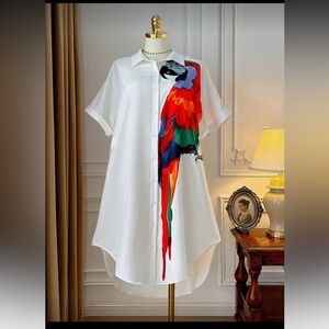 Coming Soon! Colorful Parrot Print White Bird Shirt Dress Sz 14 nwt